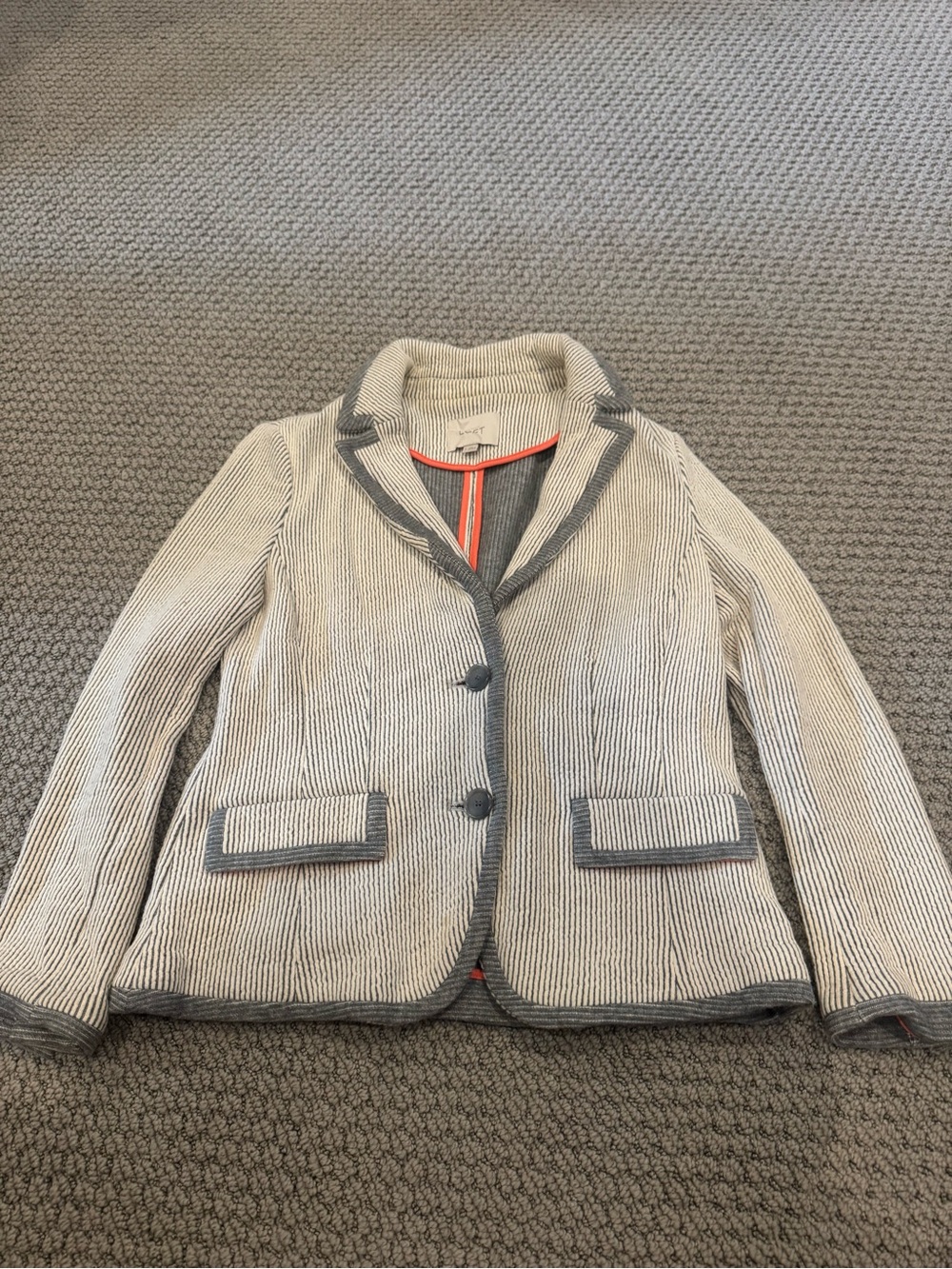 LOFT White and Gray Striped Seersucker Blazer with Gray Trim